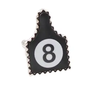 Eight Ball Cow Tag Cuff Ring - Black with White Number 8 Design