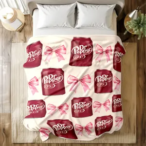 Dr Pepper Can & Pink Bow Flannel Throw Blanket, Food Themed Blanket - Skin-friendly, High-grade Plush, Cute Dr Pepper Can & Pink Bow Prints, Double Warmth, Multi-Scenario Use (Bed/Sofa), Ideal Gift for Dr Pepper Fans, Soft Warm Blanket