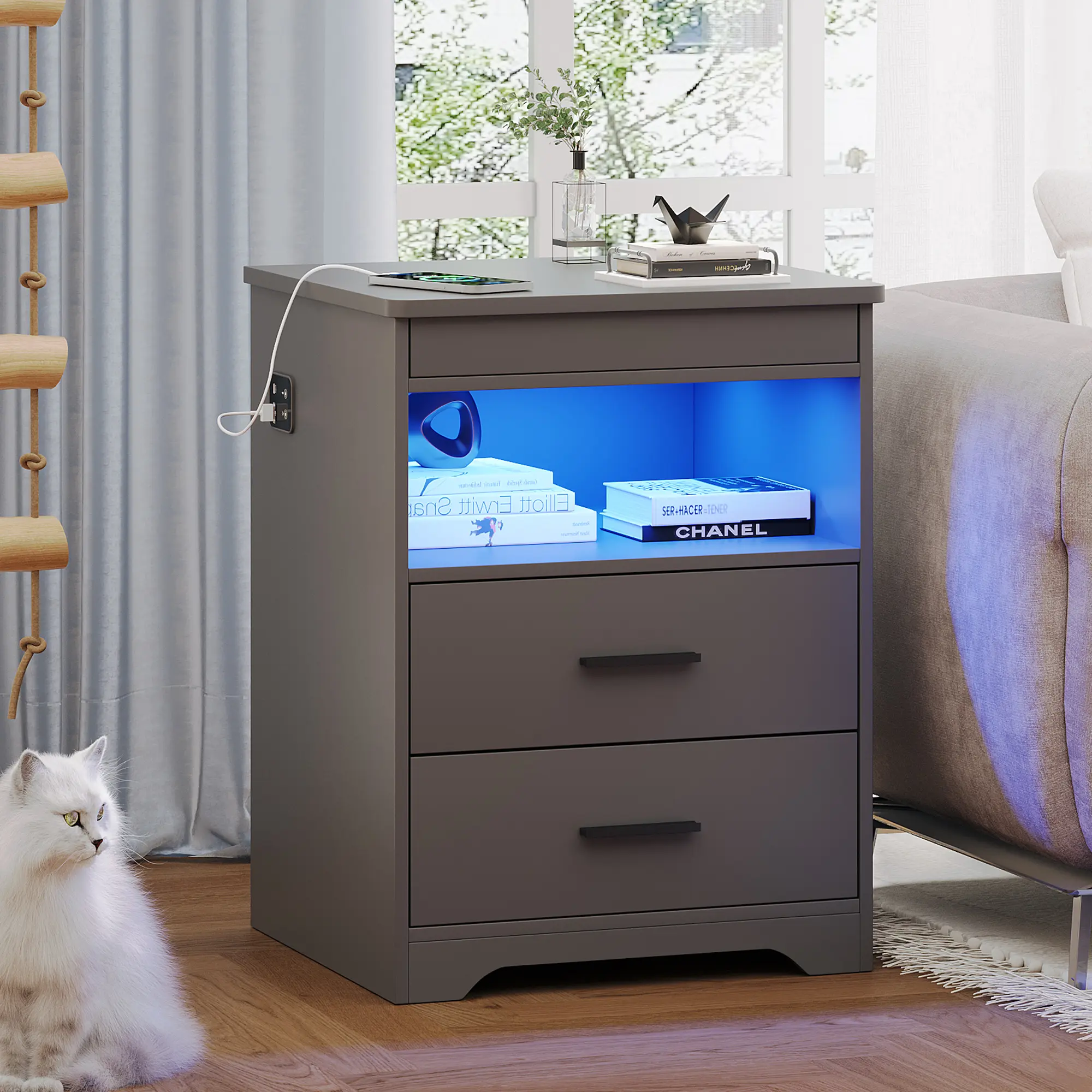 FREDEES Motion Sensor Indoor Nightstand Table - Furniture with Built-in USB Ports, Type-C Charging Station, Locked Hidden Drawer, Bedroom Storage, Box Spring Fit, Easy Setup, Smooth Finish (Requires Assembly)