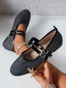 Women's Fashion Flat Shoes, Dual Buckle Design, Sparkling Surface, Elegant Versatile Basic, Large Size Comfortable, All Seasons, Flats Shoes Women
