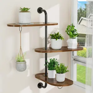Rotating Window Plant Shelves with 3 Anti-slip Mats, 3 Tier Plant Stand Indoor Outdoor, Wooden Window Plant Shelf with 3 Circle Hook, Hanging Plant Holder for Window, Potted Plants, Flowerpots (Antique Color, 3 Tier)