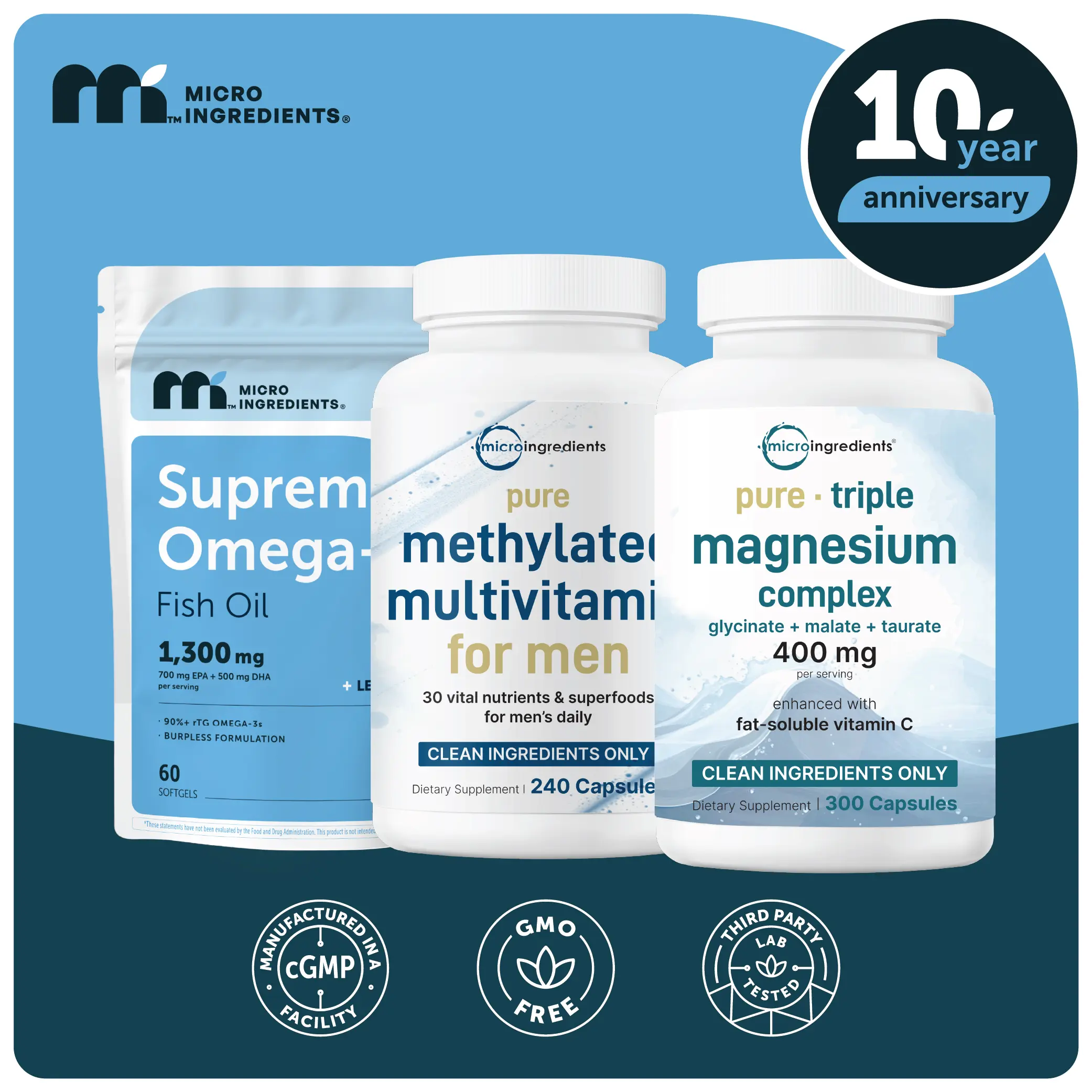 Men's Essence Bundle: Supreme Omega-3 Fish Oil, Pure Methylated Multivitamin for Men, Triple Magnesium Complex