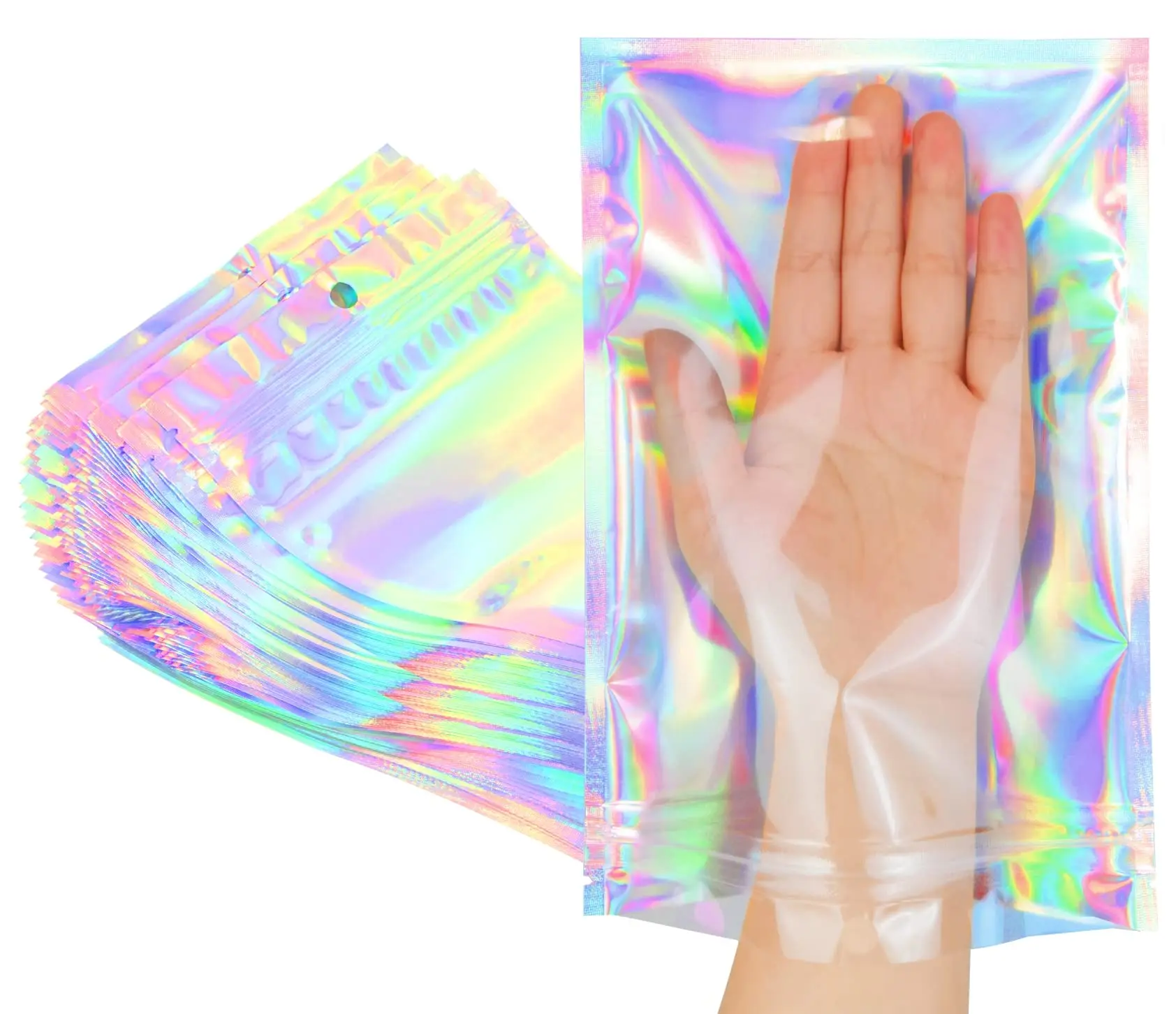 Holographic Rainbow Smell-Proof Dust-Proof Aluminum Mylar Foil Sample Bags, 50pcs 6x9 in Bright Packaging Resealable Waterproof Reusable Party Favor Bags for Home & Festive Supplies