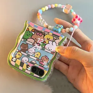 Cute Lattice Flower Phone Case For Samsung Galaxy Z Flip 7 6 5 4 3 Girl Cartoon Bracelet Wave Border Protective Cover