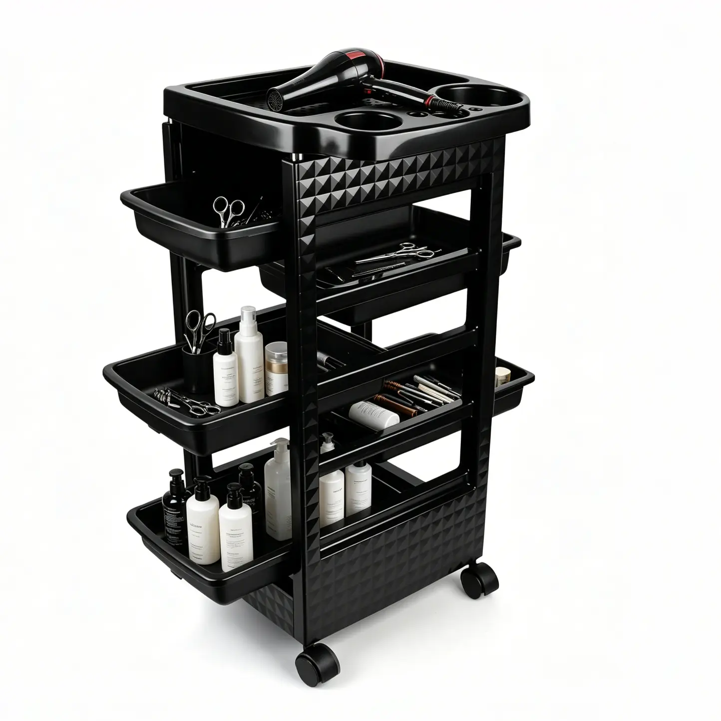 5-Tier Rolling Plastic Salon Organiser Cart with Expandable Racks, Hair Dryer Holder, Bidirectional Pull-Out Trays, 360° Silent Wheels, Heavy-Duty PP Storage for Barber Shop & Home Makeup Vanity, Smooth, Makeup Products