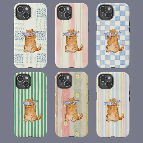 Cute Orange Cat Phone Case with Fish – Pastel Pattern Protective Cover, Gift for her, Gift for him, many background, Cartoon Phonecover, Ocean