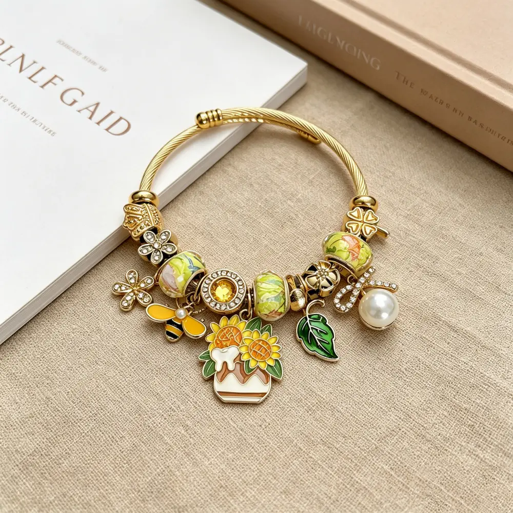 Mori pastoral DIY beaded bracelet oil dripping bee sunflower green leaf pendant open bracelet bracelet bracelet