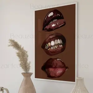 Women With Glossy Lips And Grillz, Lipstick Wall Art, Gold Teeth Art, Grillz Art, Black Art Prints, Black Art, Black Owned Shops Art Poster (UNFRAMED)