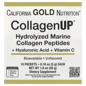 California Gold Nutrition CollagenUP®, Hydrolyzed Marine Collagen Peptides with Hyaluronic Acid and Vitamin C, Unflavored, 10 Packets, 0.18 oz (5 g) Each