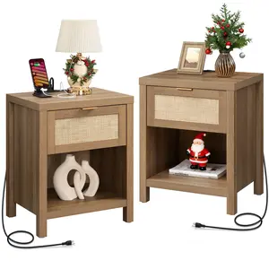 SICOTAS Rattan Nightstand Set of 2, 15"x 19.7"x 25.2" Size Farmhouse Night Stands with Charging Station Bedside Table with Drawer, Boho Bed Side End Table with USB and Type-C Ports for Small Space Bedroom Living Room, Easy Charging
