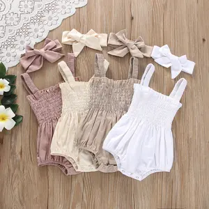 Newborn Baby Girl Summer Bodysuit Headband Set Solid Color  Ruffle Sleeveless Suspender Romper Jumpsuit 0-18M