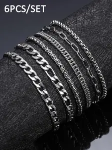 6-piece Set of Simple Stainless Steel Chain Metal Bracelet, Men's and Women's Fashion Trend Street Style Stacked Bracelet Set, Stainless steel bracelets