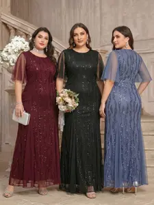 Luxurious Plus Size Sequin Mesh Fish Tail Maxi Dress, Elegant Evening Gown, Perfect for Special Occasions, Fashionable Plus Size
