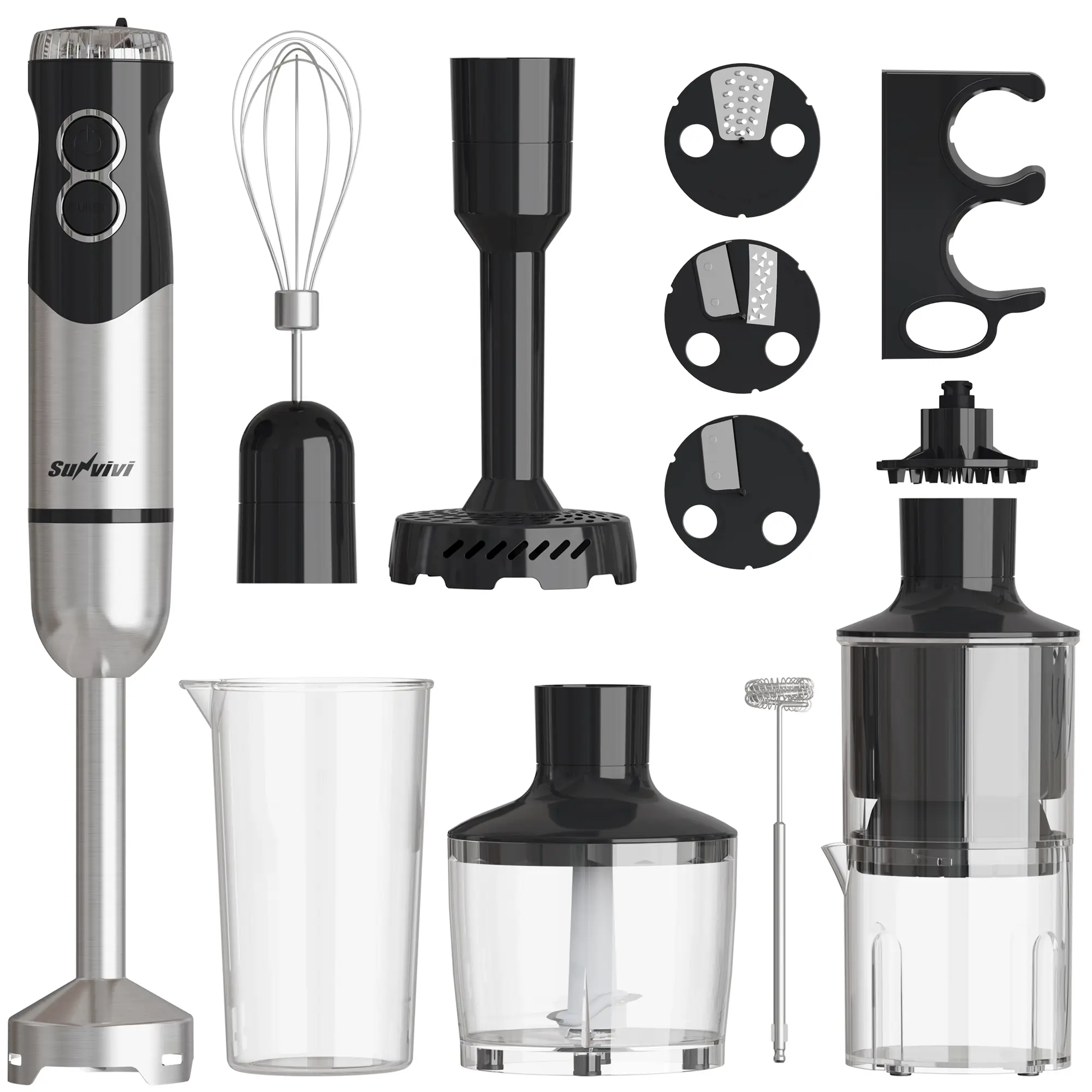 Sunvivi Cordless Immersion Hand Blender - 1000W 12-Speed Electric Stick Mixer, 10 Accessories Including 600ML Chopper, Whisk, Milk Frother for Frothing Milk, Shredder, Citrus Juicer, Potato Masher, Blue LED Light for Smoothie, Soup,home essential, Immersi
