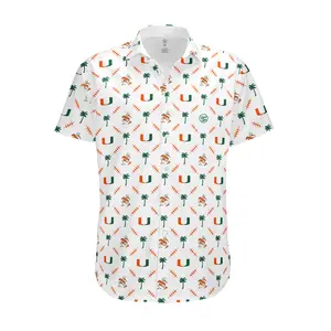 Miami Hurricanes Men's Tropical Sublimation Palm-Print Short-Sleeve Button-Up Shirt - Stylish, Classic, Casual White Menswear Shirt, Shortsleeve