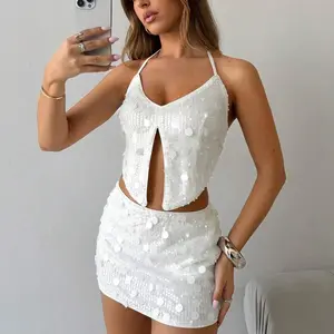 Sequin Two Piece Set Mini Skirt And Top for Women - Ibiza Style, Fits Spring Summer, Comfortable Fit, Boho Chic Design, Casual Outings - Basic, Sleeveless