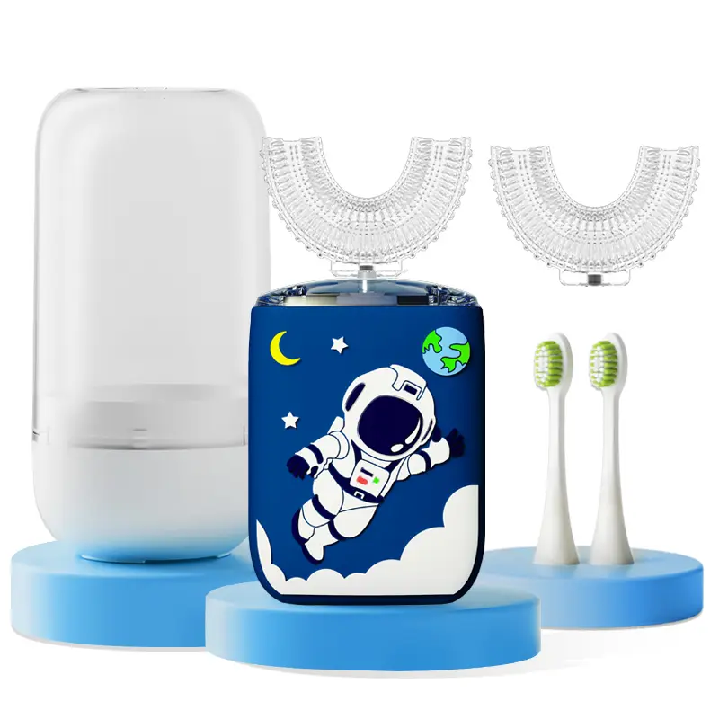 Kids U Shaped Electric Toothbrush with Cover Cup, 360° Sonic Toddler Toothbrush with 4 Replacement Heads (2 U-Shape, 2 Soft Bristle), Rechargeable Automatic Whole Mouth Toothbrush, Astronaut