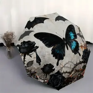 Dark Thorn Butterfly Automatic Umbrella, Rose Thorns Pattern, 8 Reinforced Fiberglass Ribs, Durable and Foldable, Commute, Street Use