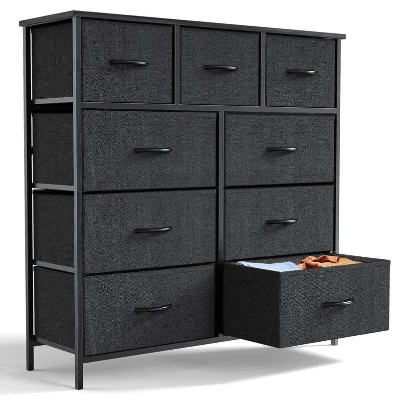 9-Drawer Tall Fabric Dresser with Wooden Top, Steel Frame - Stable Interior Storage Furniture with Multiple Drawers, Clothing Organization Solution for Closet, Nursery, Easy Assembly