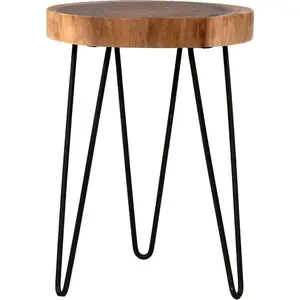 Round Stump End Table - 14" Dia X 19"H Solid 2 ¼ " Teak Wood Slice W/Iron Metal Legs - Living Room, Bedroom, Farmhouse Decor - Rustic Live Edge Accent Table