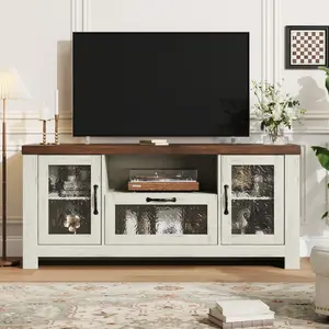 YJ-Garvee Farmhouse Entertainment Center TV Stand with Acrylic Door Storage Cabinet and Adjustable Shelves Fits 55-65 Inch Screens in White Brown Black and Rustic Brown for Living Room or Bedroom