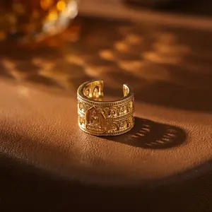 [Father's Day Gifts] 22K Gold-Plated Serenity Buddha Ring Vintage Temple Grotto Statement Band Spiritual Mindfulness Jewelry