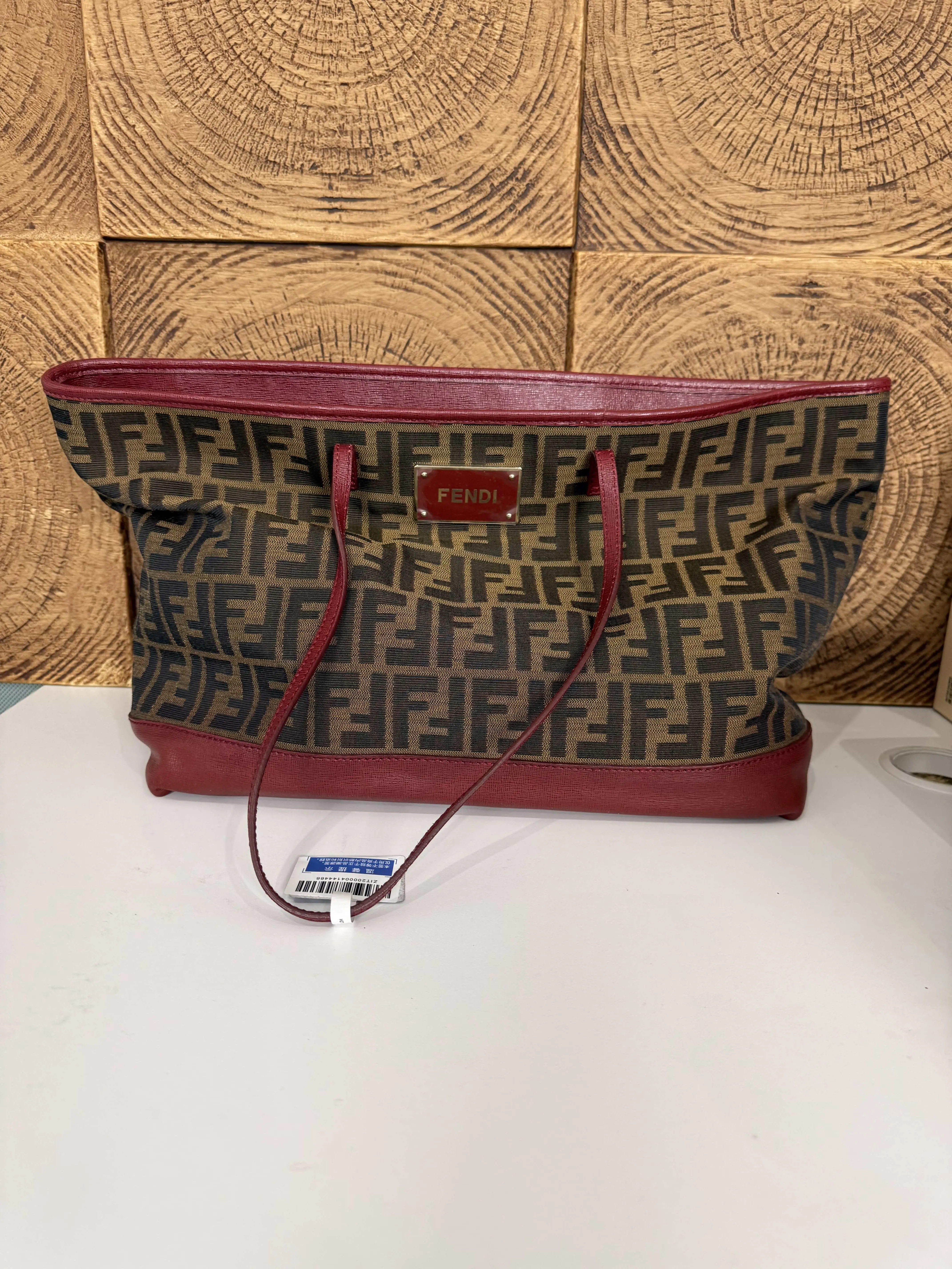 Pre-owned FENDI Brown Zucca FF Monogram Tote Bag with Burgundy Leather Trim