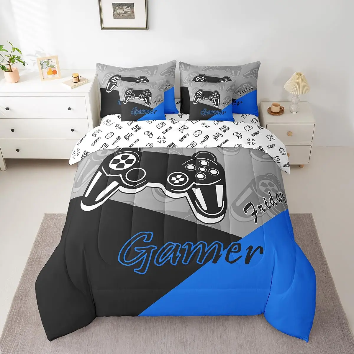 Feelyou 7-Piece Gaming Theme Bedding Set for Boys - Microfiber Comforter, Sheets, Gamepad Home Decor Bed Set in Blue, Black, Grey with Microfiber Blanket