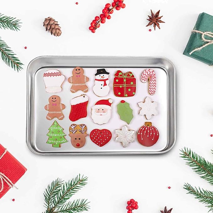 Small Baking Sheet Set,Toaster Oven Stainless Steel Cookies Sheet Pan with Parchment Paper,Rectangle Mini Baking Tray for Cooking,Rust Free & Heavy Duty,Dishwasher Safe,Dinner Plate Tray