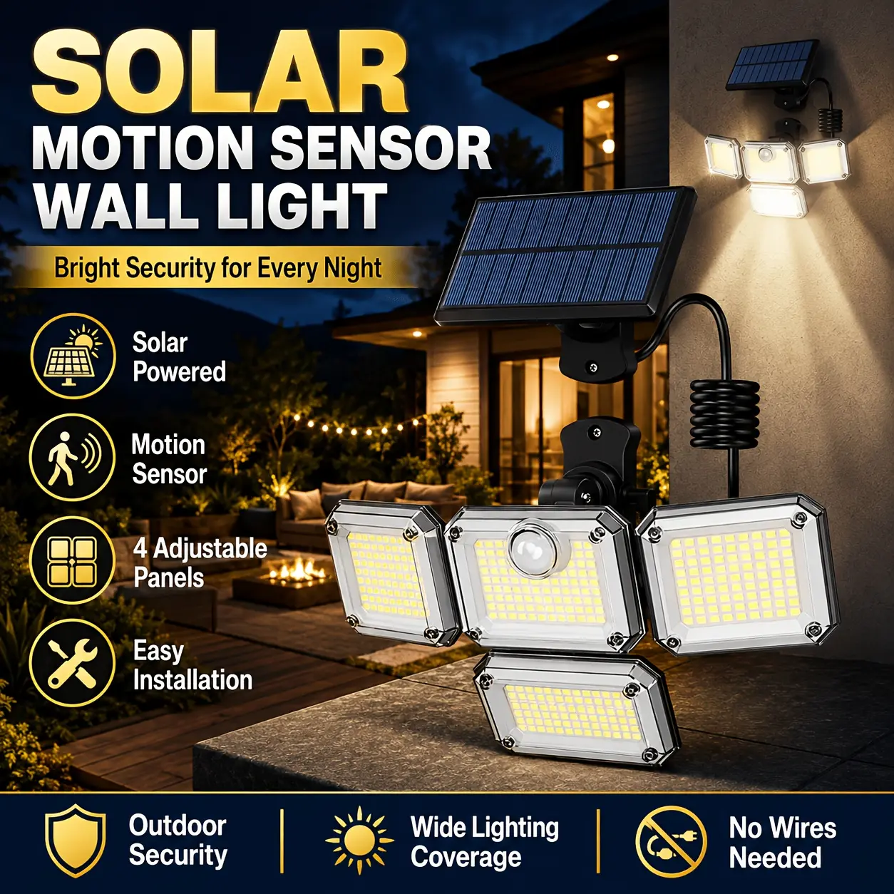 4500LM Solar Security Lights Outdoor, 333LED Motion Sensor Flood Light with 3 Adjustable Heads, 3 Lighting Modes, IP65 Waterproof, Perfect for Yard Garage Porch Patio Garden Farm