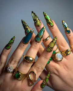 Aura Nails - Sculpted Gold Gem Press On Nails | Luxury Green Chrome Nail Art | Edgy Gold Accent Press Ons | Futuristic Green Gold Fake Nails