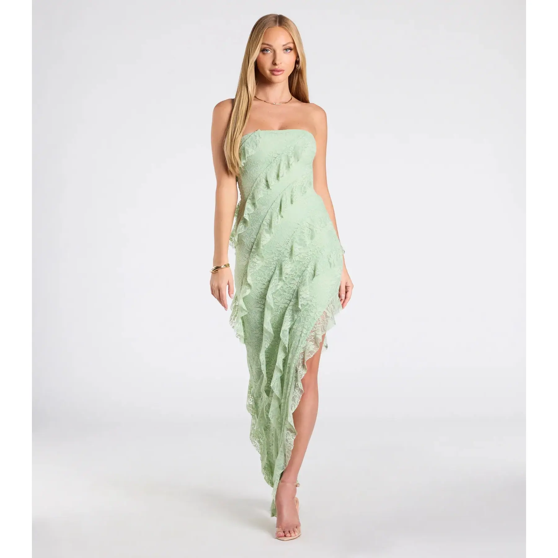 Ellie Ruffled Lace High Slit Formal Dress