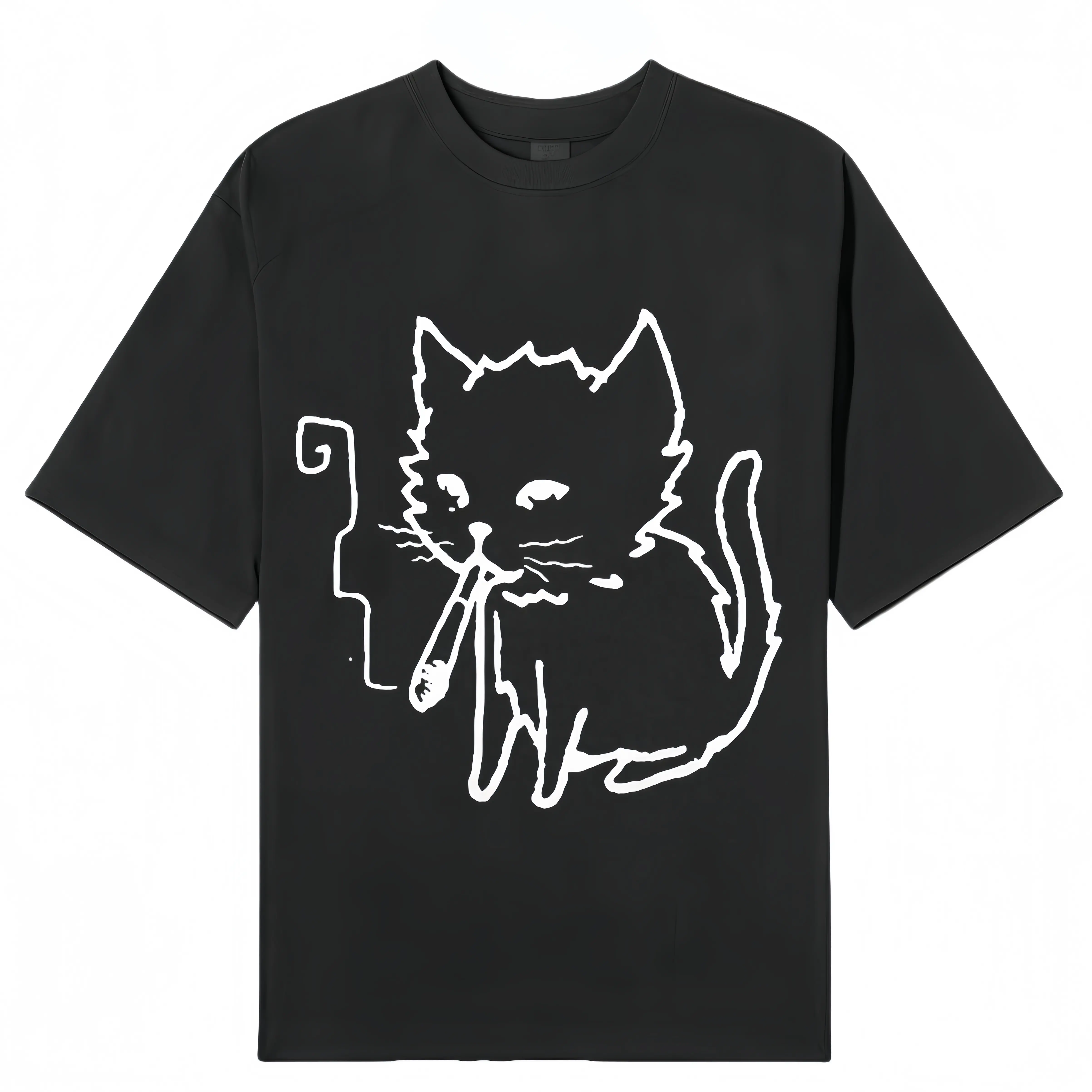Men's 180g 100% Cotton Vintage Smoking Cat Graphic Print Short Sleeve Crew Neck T-Shirt - Casual Fit, Basic, Hangable, Cute Feline Artwork, Gothic Grunge Meme Inspired, Retro Streetwear, Lightweight Breathable Summer Top, Preppy Cartoon Menswear Black