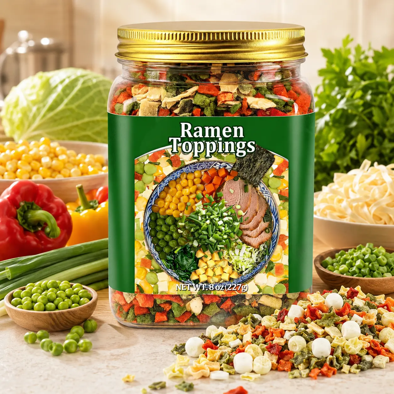 8oz Dry Dried Vegetable Ramen Topping Snack, 9 Natural Dehydrated Veggies for Instant Noodles & Miso Soup, Plant-Based Add-Ins, Clean Label, Quick Prep, No Preservatives