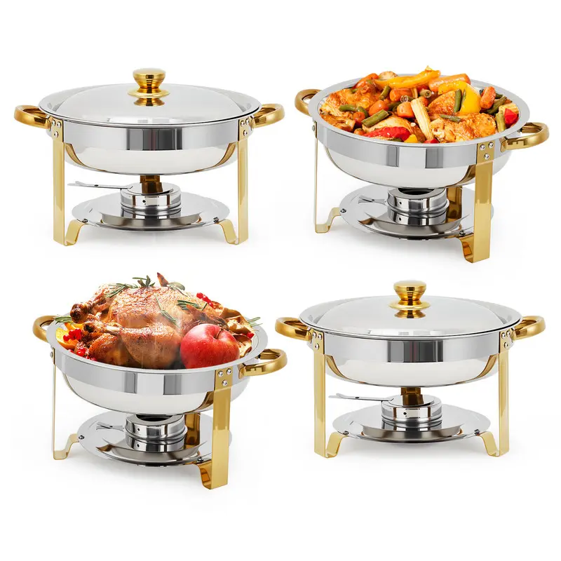 4-Piece Full-Size 5QT Round Stainless Steel Mirror Finish Chafing Dish Buffet Set - Commercial Use Catering Chafers with Gold Legs, Handles, Stackable Pans, Upgraded Warmer, Fuel Holder, Tray for Events, Parties