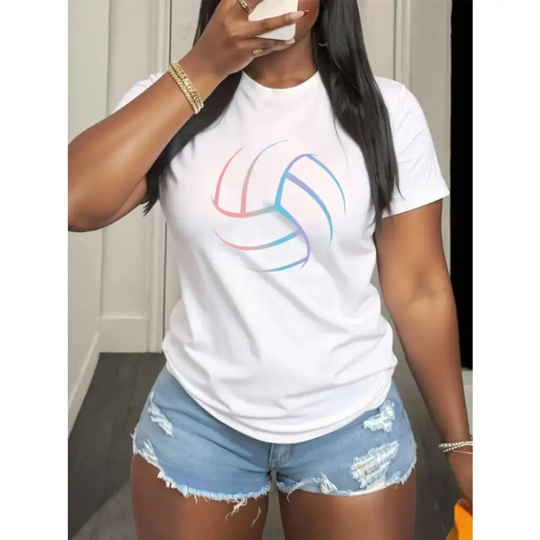 Women's Vibrant Volleyball Design Round Neck Shortsleeve Cotton Shirt - Breathable, Lightweight, Durable Fabric, Simple Loose Fit, Ideal for Casual Everyday Use, Great Gift for Loved Ones, Soft