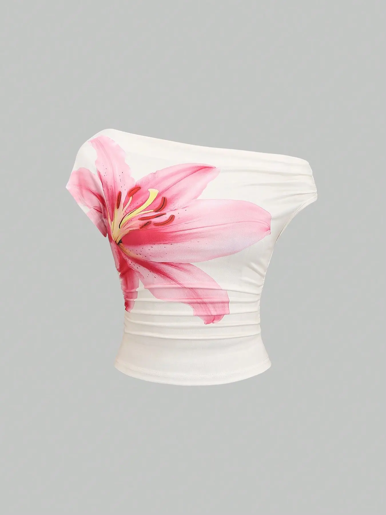 Y2K Women's Pink Lily Floral Print Off Shoulder Ruched Crop Top, Casual Chic Sleeveless, 2026 Summer Coquette Going Out Top Casual Fit, Cropped Tops