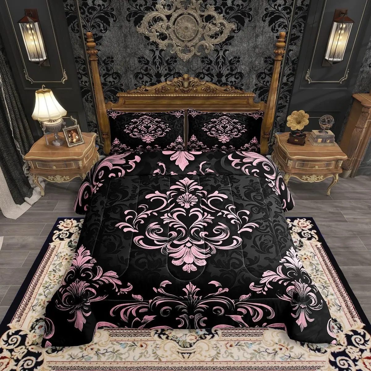 Black Pink Gothic Comforter Set,Vintage Boho Damask Floral Comforter,Bohemian Exotic Goth Bedding Set for Women Victorian Baroque Flower Bed Set