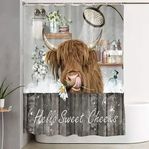 1/4pcs Rustic Highland Cow Bathroom Set, Aesthetic Bathroom Decor, Bathroom Decoration Accessories, Shower Curtain + Toilet Cover + 2 Mats, Handwritten 'Hello Sweet Cheeks', Wooden Panel Backdrop, Shaggy Brown Cow with Daisy, Potted Plants & Bottles