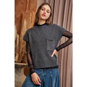 Charcoal Mock Neck Short Sleeve Sweater Top