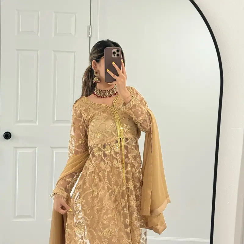 Indian Wedding Wear  Long Style Net Sharara with Gold Sequin and Glitter Work for Women's Party Wear Elegant Design and Versatile Occasion - Elegance, Dress Silk Golden Lightweight Outfit