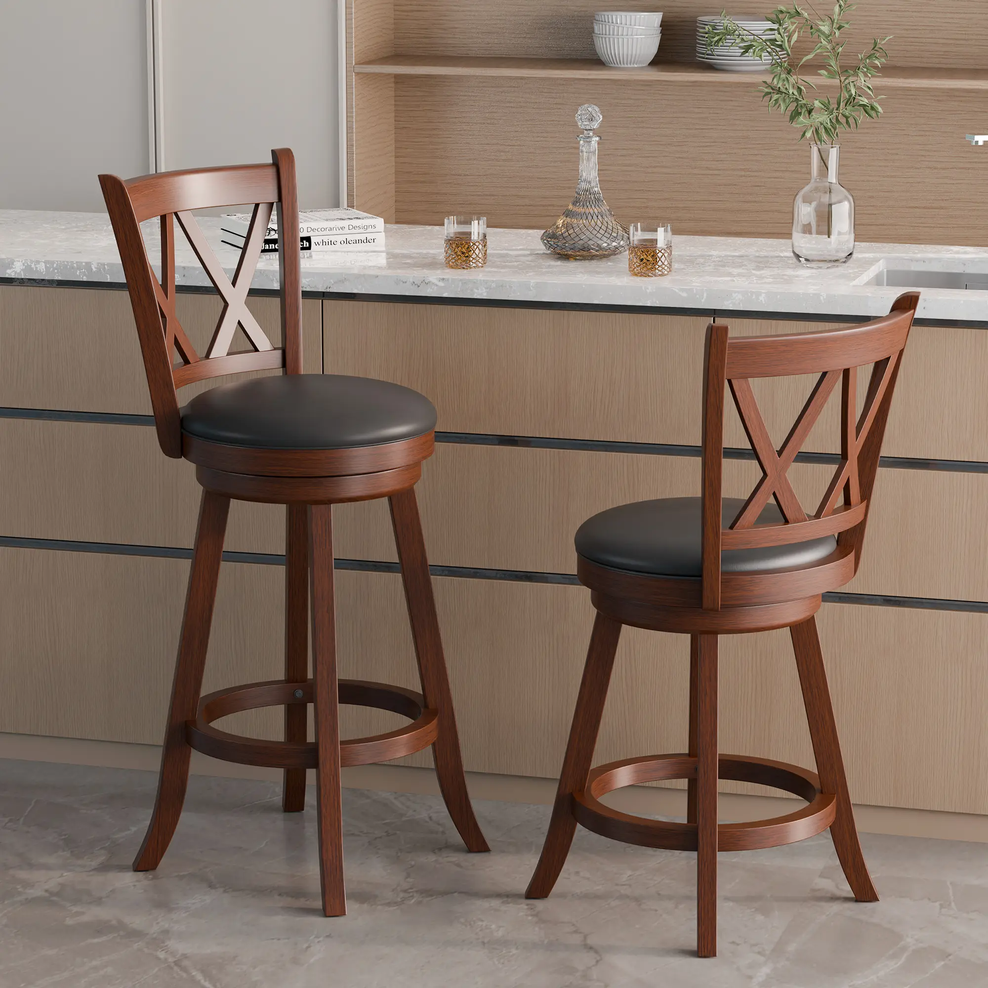 Topwin 2-Piece Counter Height Barstools - 29" 360-Degree Swivel X-Back Modern Dining Chairs, Upholstered Cushioned Seats, Wood Indoor Home Bar Furniture, Assembly Required, Counter Stools