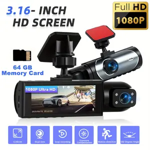 1080P Dual Camera Dash Cam Front and Rear Inside Car Camera, 3.16 Inch IPS Screen+64G TF Card, IR Night Vision, Loop Recording, Wide Angle Car DVR Camera, Dual Lens Car Dashboard Video Cam Without Battery, Father's Day Gift,SummerVibes fathersdaygift