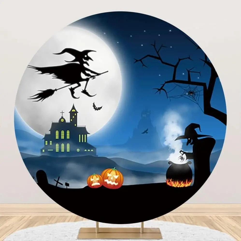 Diameter 6ft Halloween Round Backdrop Cover Castle Withered Tree Wizard Moon Scary Night Photography Background for Kids Adults Halloween Festival Celebrate Party Circle Background Cover