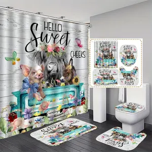 Farmhouse Style Bathroom Accessories Set, 4 Counts Animal & Floral Bathroom Set, Including Bath Mat, Toilet Lid Mat, U-shaped Rug & Shower Curtain with Hook,  Restroom Decoration