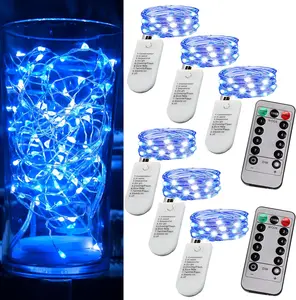 6 Pack Fairy Lights Battery Operated String Lights with Timer 2PCS Remote 6.5ft 20LED Blue Twinkle Light Waterproof Silver Wire Firefly Light DIY Mason Jar Crafts Wedding Party Christmas Table