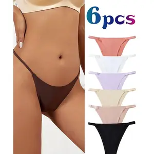 6 Pieces Soft Women's Plain Contrast Seamless Thong, Comfortable Breathable Waist Cinching Knit, Suitable for Everyday Wear, Women's Lingerie for All Seasons Clothes Outfit thongs period underwear
