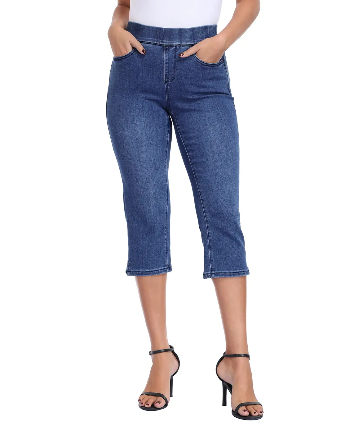 HDE Women's High-Waist Elastic Slim-Fit Cropped Denim Jeans, Lightweight Pull-On Tummy Control Capri Pants with Pockets for Everyday Streetwear