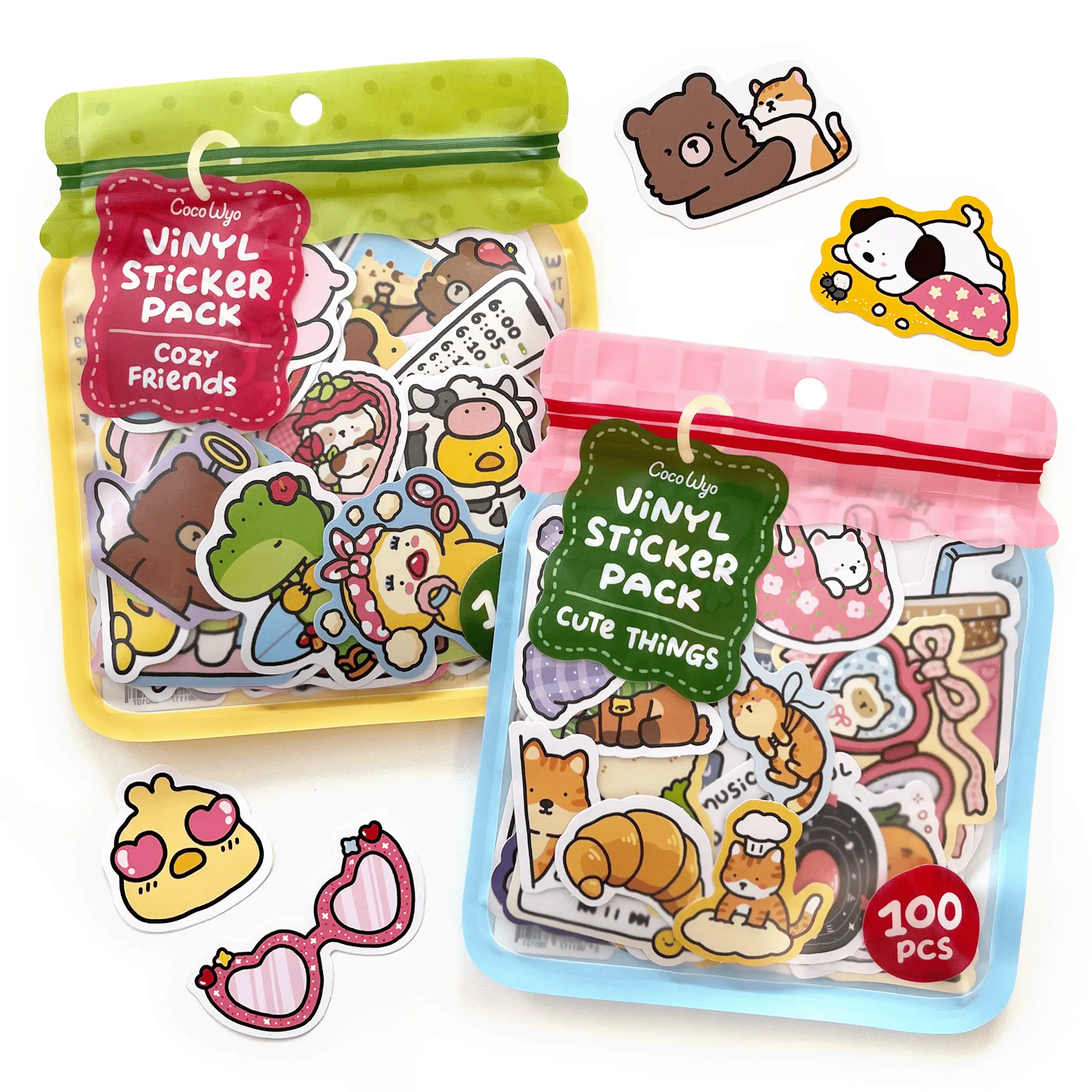 Coco Wyo Sticker Pack Set of 2 (100 pcs Each) – Cozy Friends & Cute Things - Cool, Junk Journaling, Scrapbooking