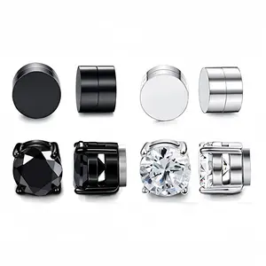 4 Pairs Stainless Steel Magnetic Earrings for Men Women Shiny Round Cubic Zirconia Stud Earrings Non-Pierced Ears Hypoallergenic Trend Fake Earrings